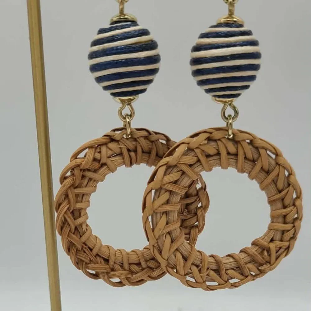 J Crew Rattan Circle Earrings with Blue White Beads Studs